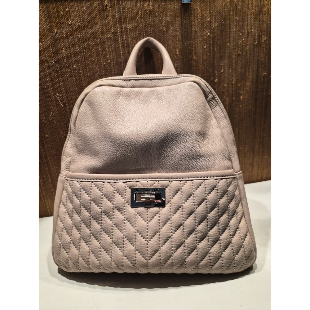 Karl Lagerfeld Paris Beige Pebbled Leather Quilted Chevron Backpack Silver Tone